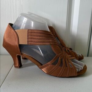 Mint - YY Ting Satin Strappy Ballroom Dance Slip-on Heels in Bronze (7.5)